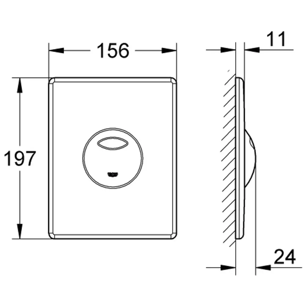 GROHE WC-Betätigung mit zentralem Betätigungsknopf. Rechteckige Form mit abgerundeten Ecken, montiert auf einer Wand. Technische Zeichnung mit Maßen und Ansicht.