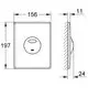 GROHE WC-Betätigung mit zentralem Betätigungsknopf. Rechteckige Form mit abgerundeten Ecken, montiert auf einer Wand. Technische Zeichnung mit Maßen und Ansicht.