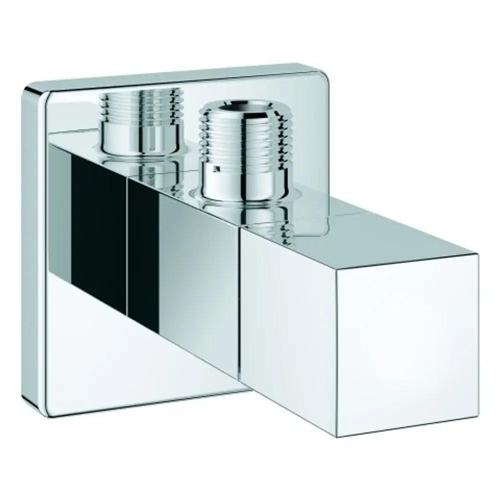 Eckventil in chrom, quadratischer Form, mit zwei Anschlussgewinden, geeignet für Wasserleitungen; Produkt von Grohe.
