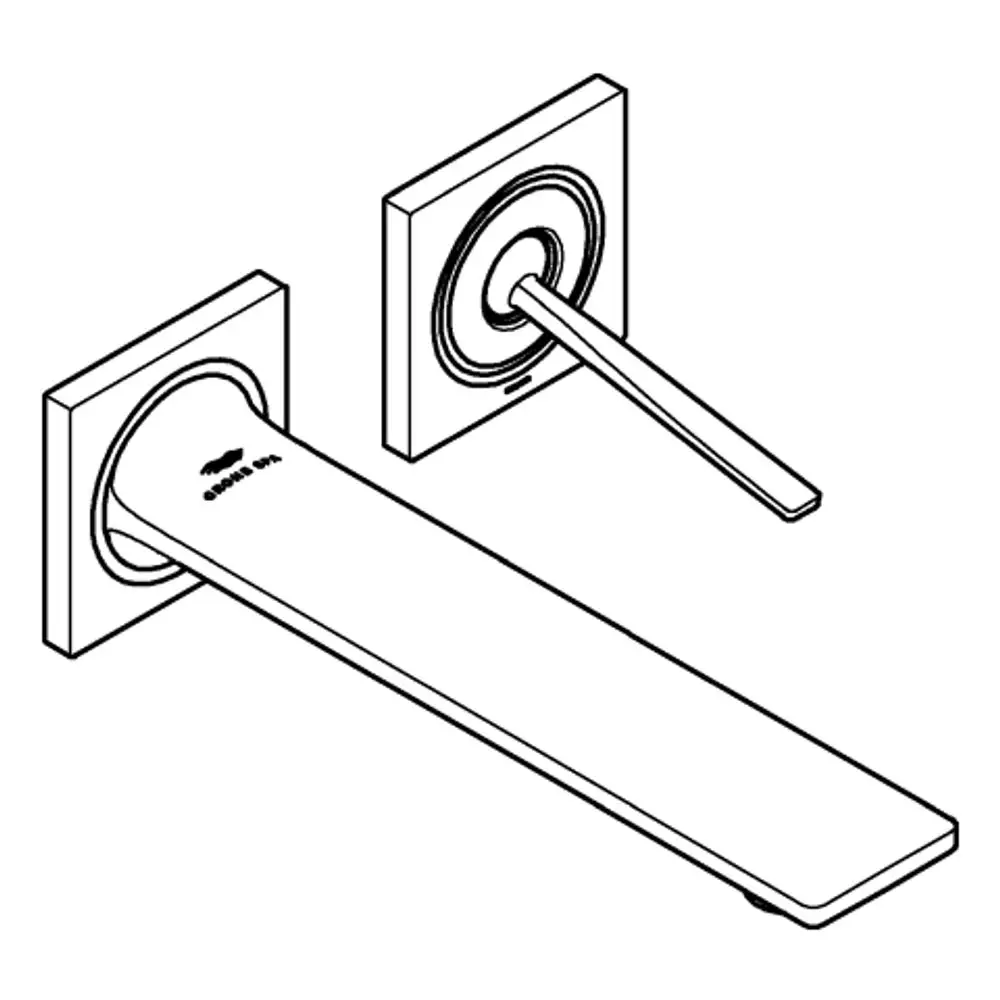 Wandbatterie mit einer geraden Auslaufarm und einem schmalen Bedienhebel, ausgeführt in gebürstetem Goldton, hergestellt von Grohe.