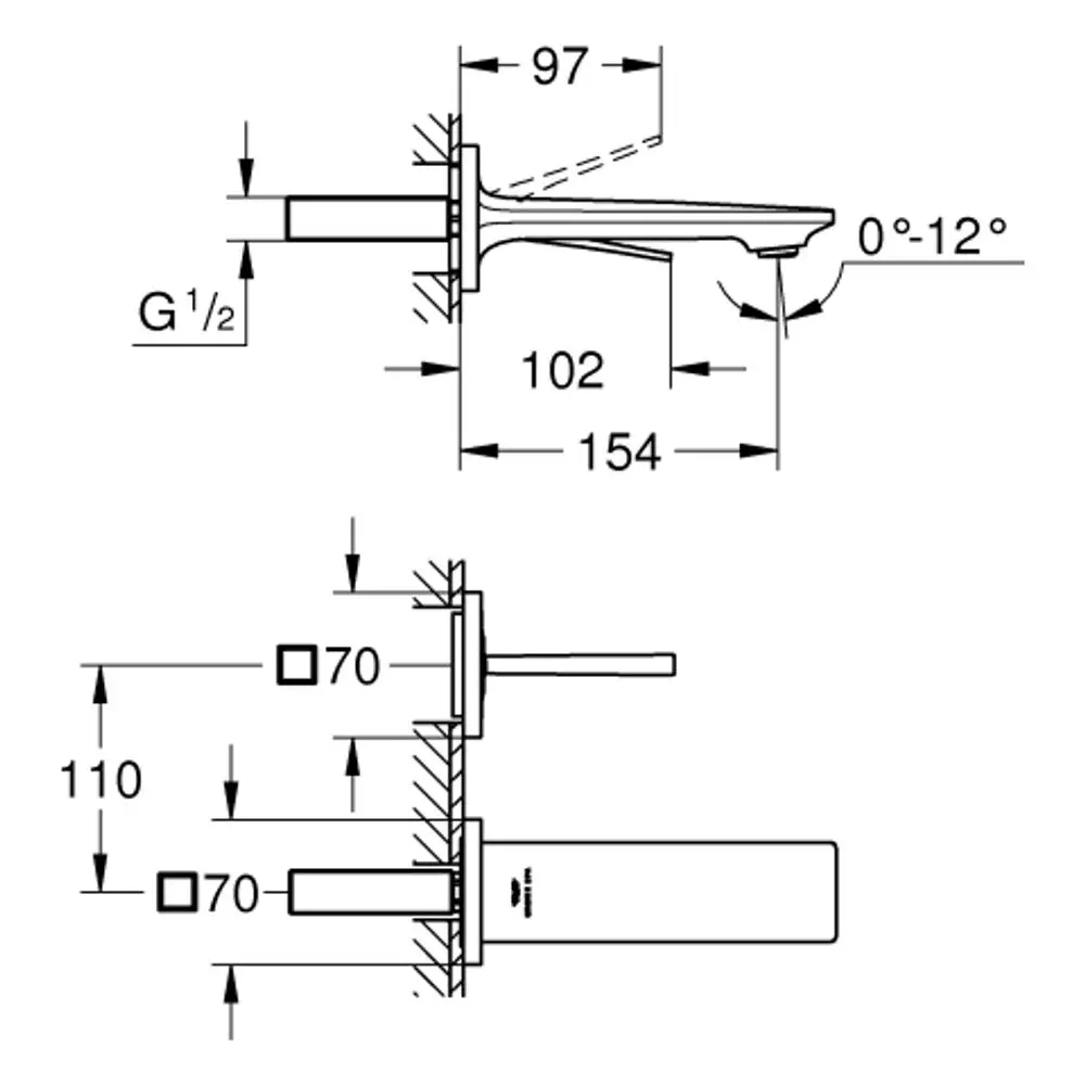 Technische Zeichnung einer GROHE 2-L-WT-Wandbatterie Allure 19309_2 FMS für 23429 Ausl. 154mm, Chrom, 19309002.