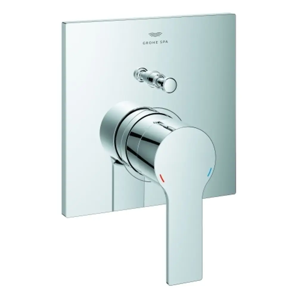 Wannenbatterie von Grohe mit verchromter Oberfläche und einem runden Bedienhebel zur Temperaturregelung. Die Montage erfolgt an einer Wand.