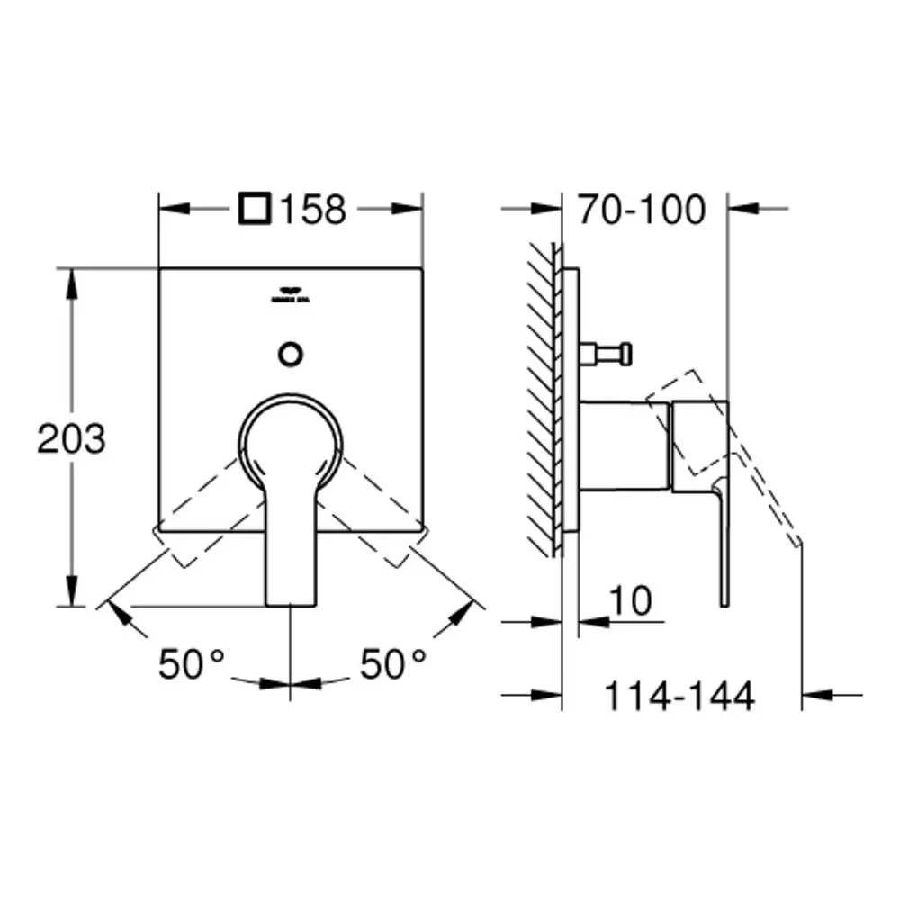 Wannenbatterie von Grohe mit quadratischer Frontfläche und zentralem Auslass. Montageanleitung zeigt Maße und Anbringung an der Wand.