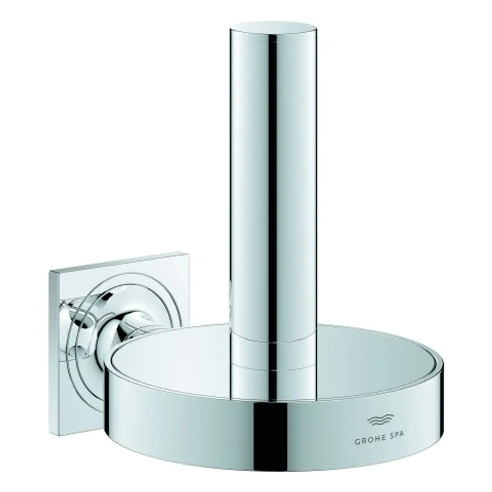 WC-Reservepapierhalter in glänzendem Chrom mit zylindrischer Halterung und runder Basis. Design von Grohe, geeignet für Wandmontage.