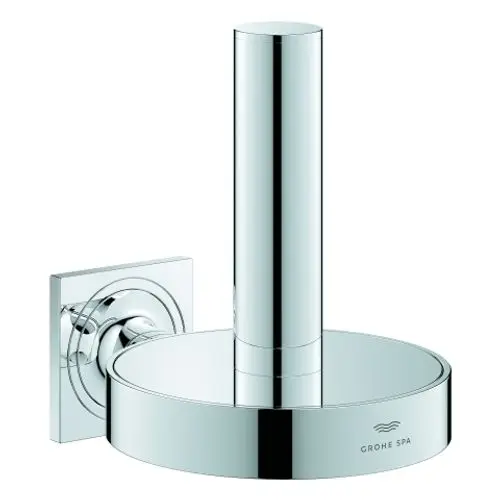 WC-Reservepapierhalter in glänzendem Chrom mit zylindrischer Halterung und runder Basis. Design von Grohe, geeignet für Wandmontage.