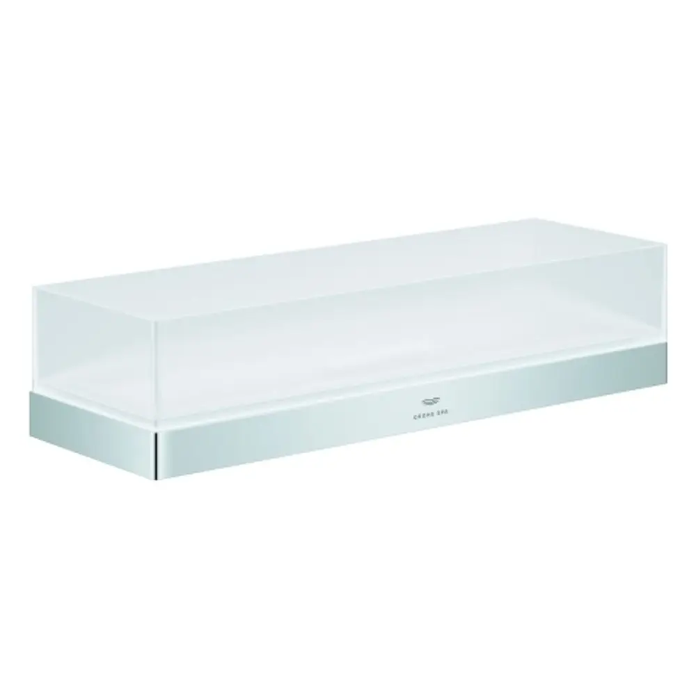Transparente Ablage mit chromfarbener Unterkante, geeignet für die Wandmontage. Grohe-Design für funktionale Raumgestaltung.