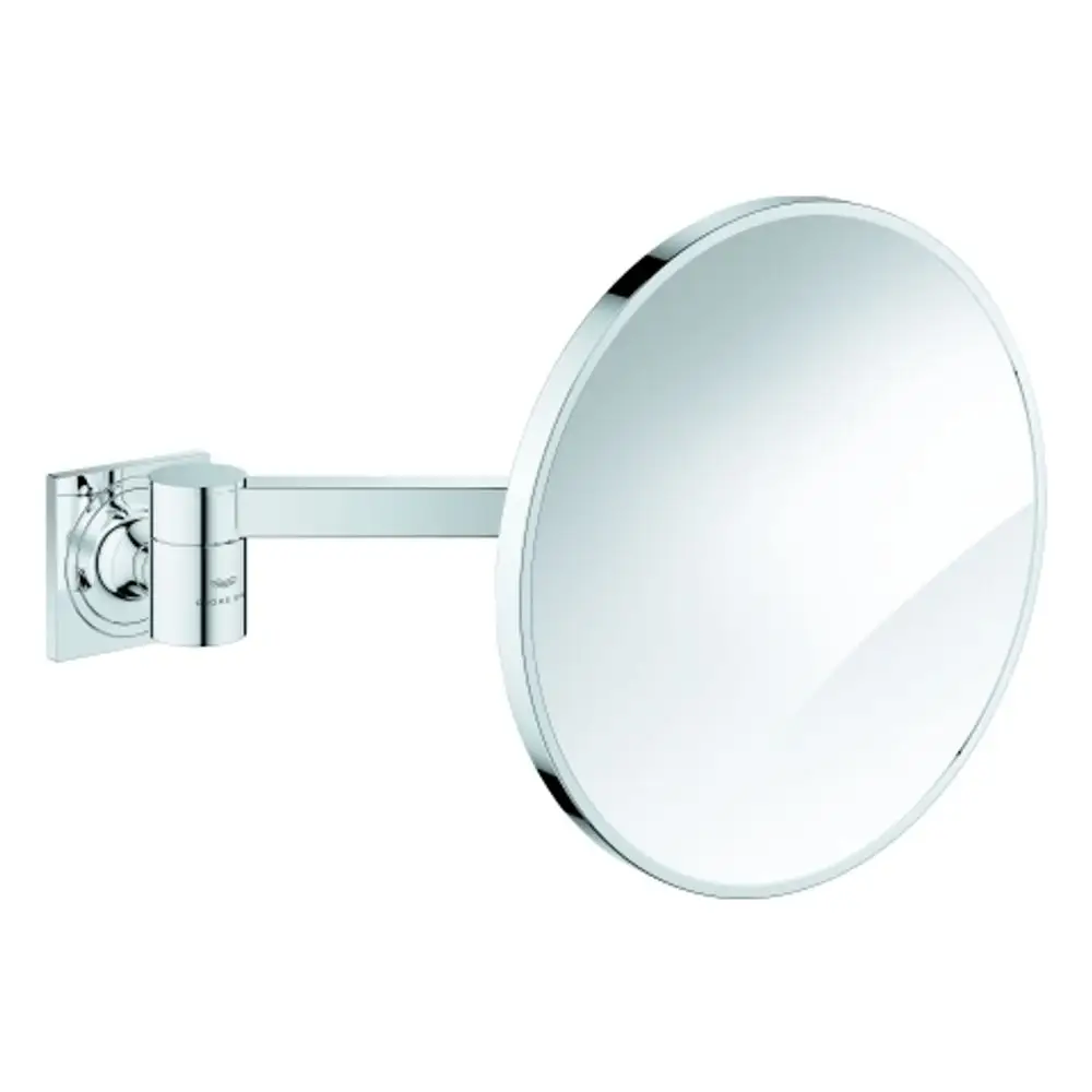 Wandmontierter Kosmetikspiegel mit einer runden spiegelnden Oberfläche und verchromtem Gelenk von Grohe, zur individuellen Positionierung und Nutzung.