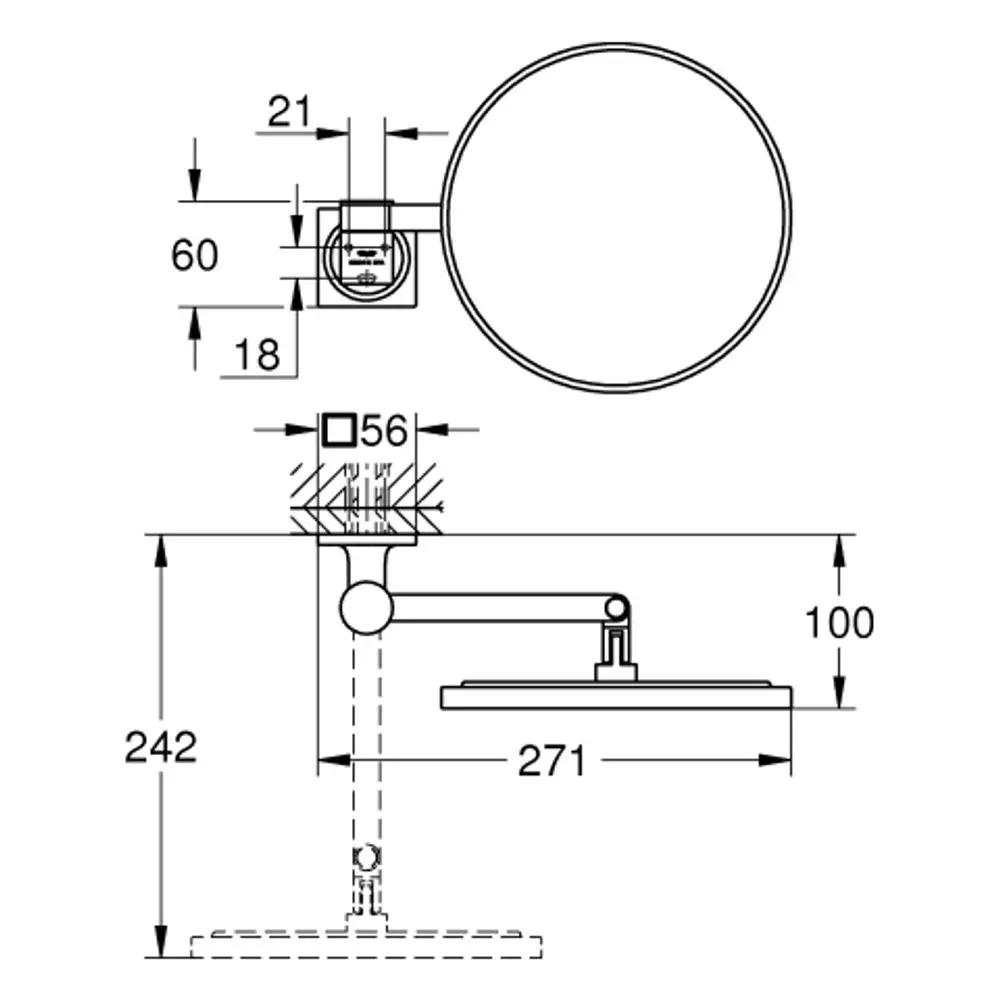 Grohe Kosmetikspiegel mit Wandmontage, runder Spiegeldisk und einem schwenkbaren Arm, abgebildet in technischen Zeichnungen mit Maßen und Montagehinweisen.