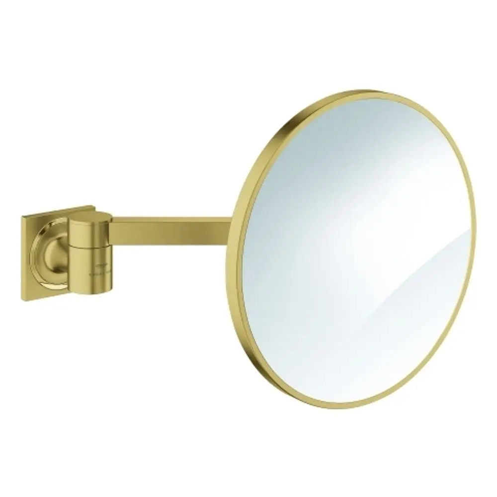 Wandmontierter Kosmetikspiegel in der Farbe gebürstetes Gold von Grohe, rund und mit einem beweglichen Arm für flexible Positionierung.