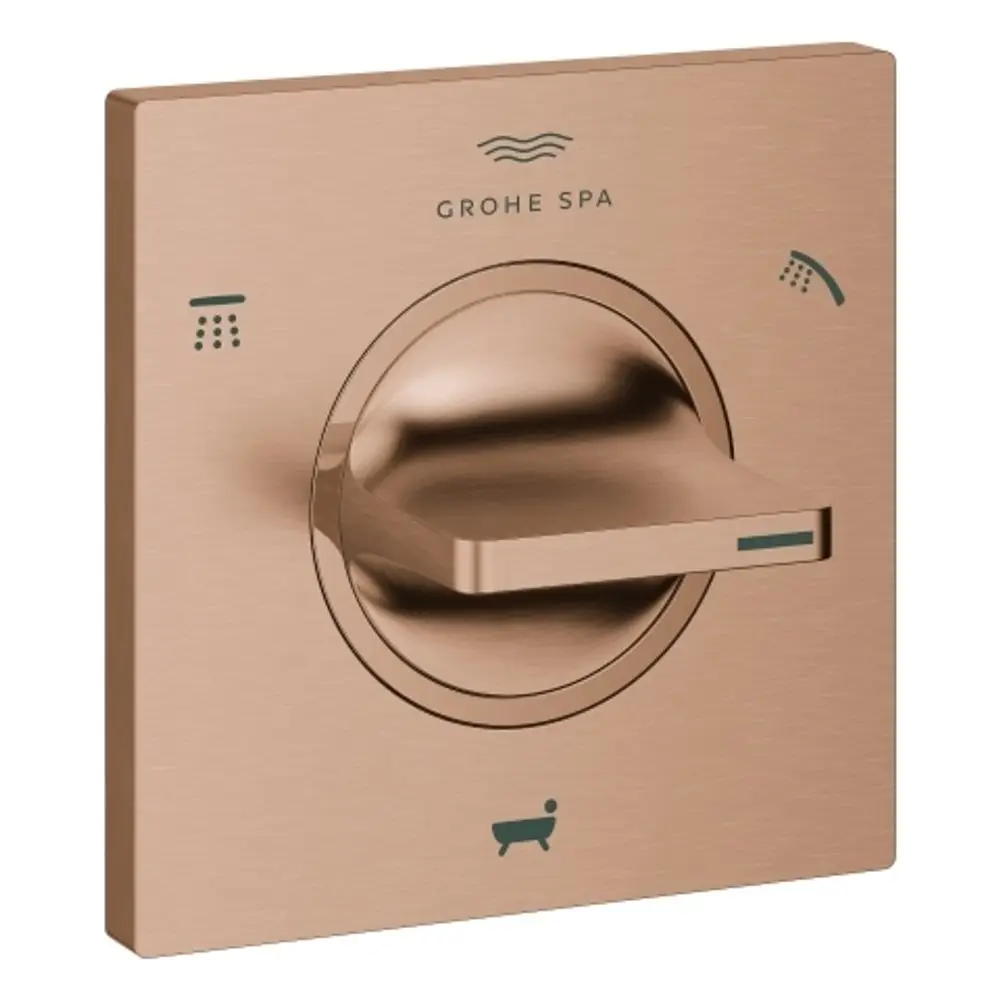 GROHE Bedienfeld in gebürstetem Kupfer mit zentralem Drehgriff zur 3-Wege-Umstellung zwischen Dusche und Badewanne. Symbole für Dusche und Badewanne sind sichtbar.