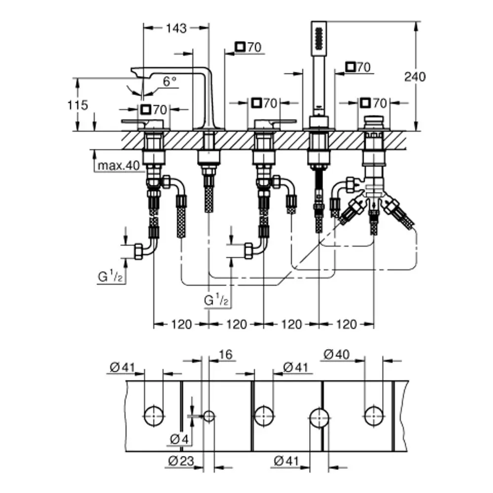 Montagezeichnung für eine Grohe-Wannen-Kombination. Enthält Anschlüsse und Maße für Installation, inkl. Wasserzufluss. Technische Details übersichtlich dargestellt.