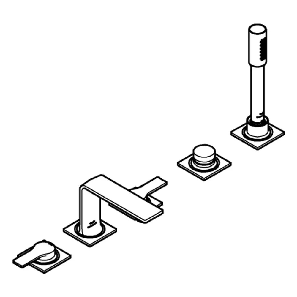 GROHE-Wannen-Kombination mit einem Hauptarmaturenelement, zwei Bedienelementen und einem Auslass, dargestellt in einer schematischen Zeichnung.