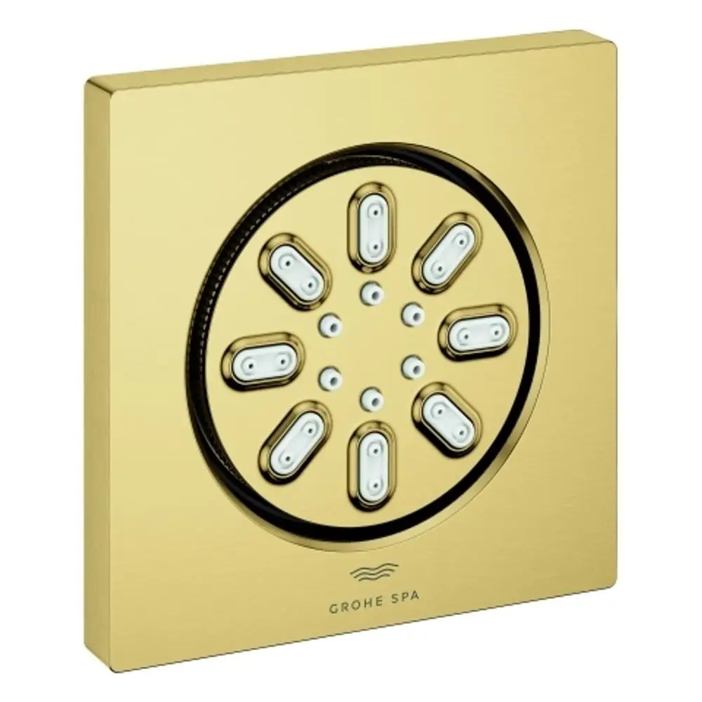 GROHE Duschpaneel in rechteckiger Form mit mehreren einzelnen Sprühdüsen auf einer goldenen Oberfläche, geeignet für die Installation in modernen Badezimmern.
