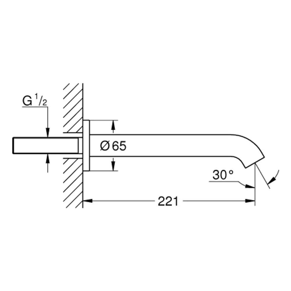 GROHE Wandmontage für einen Wanneneinlauf, mit einem gebogenen Auslauf und einem Anschluss für eine ½ Zoll Gewindeverbindung an der Wand.