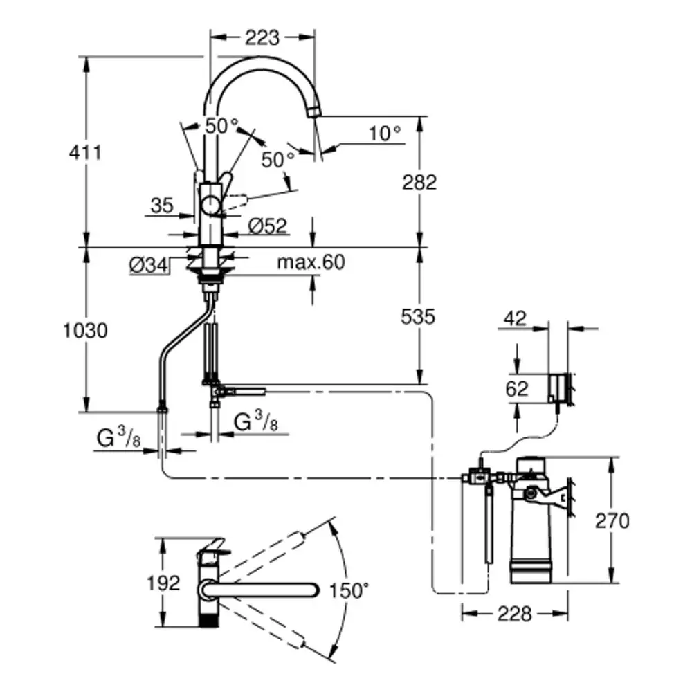 Technische Zeichnung eines Küchenarmatur-Systems von Grohe mit oszillierendem Auslauf und spezifischen Maßen sowie Anschlussdetails.