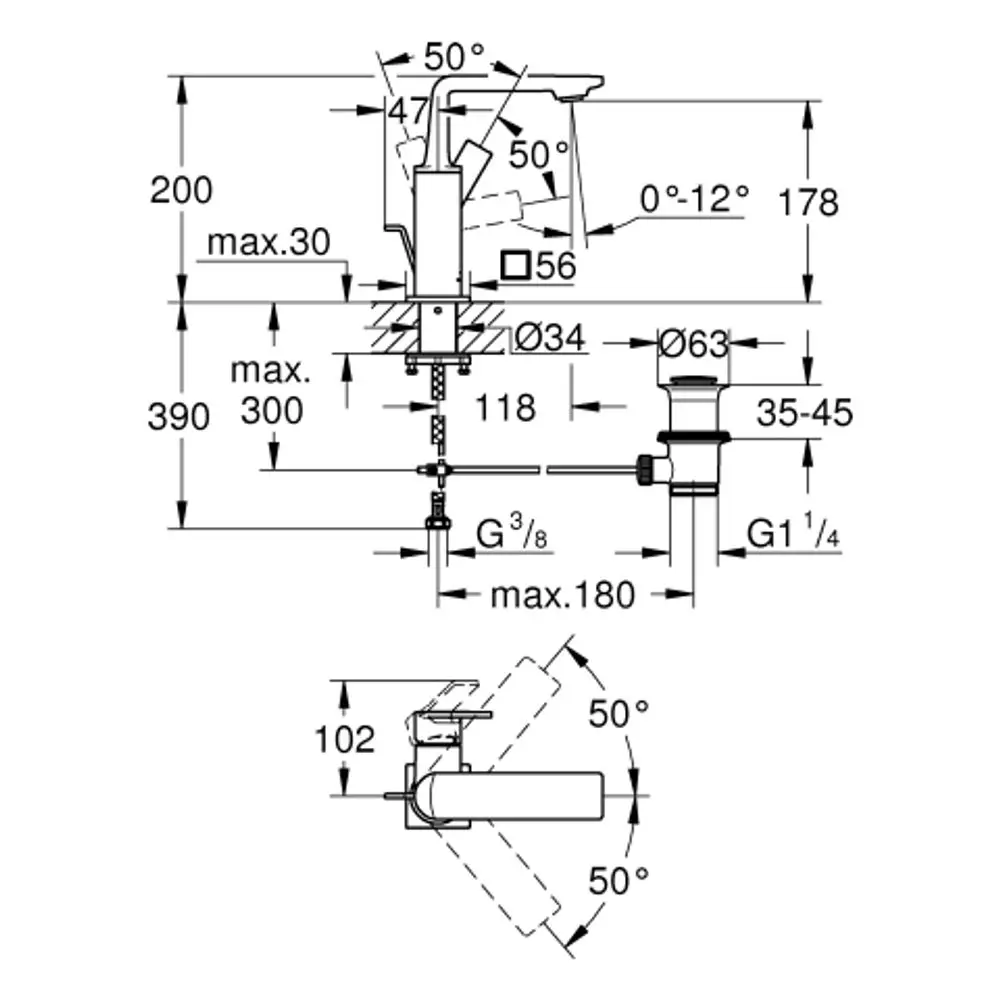 Grohe-Waschtischbatterie mit hoher Bauform und Schwenkbereich, ausgestattet mit einem Hebelmischer. Maße und Anschlussdetails sind im Diagramm dargestellt.
