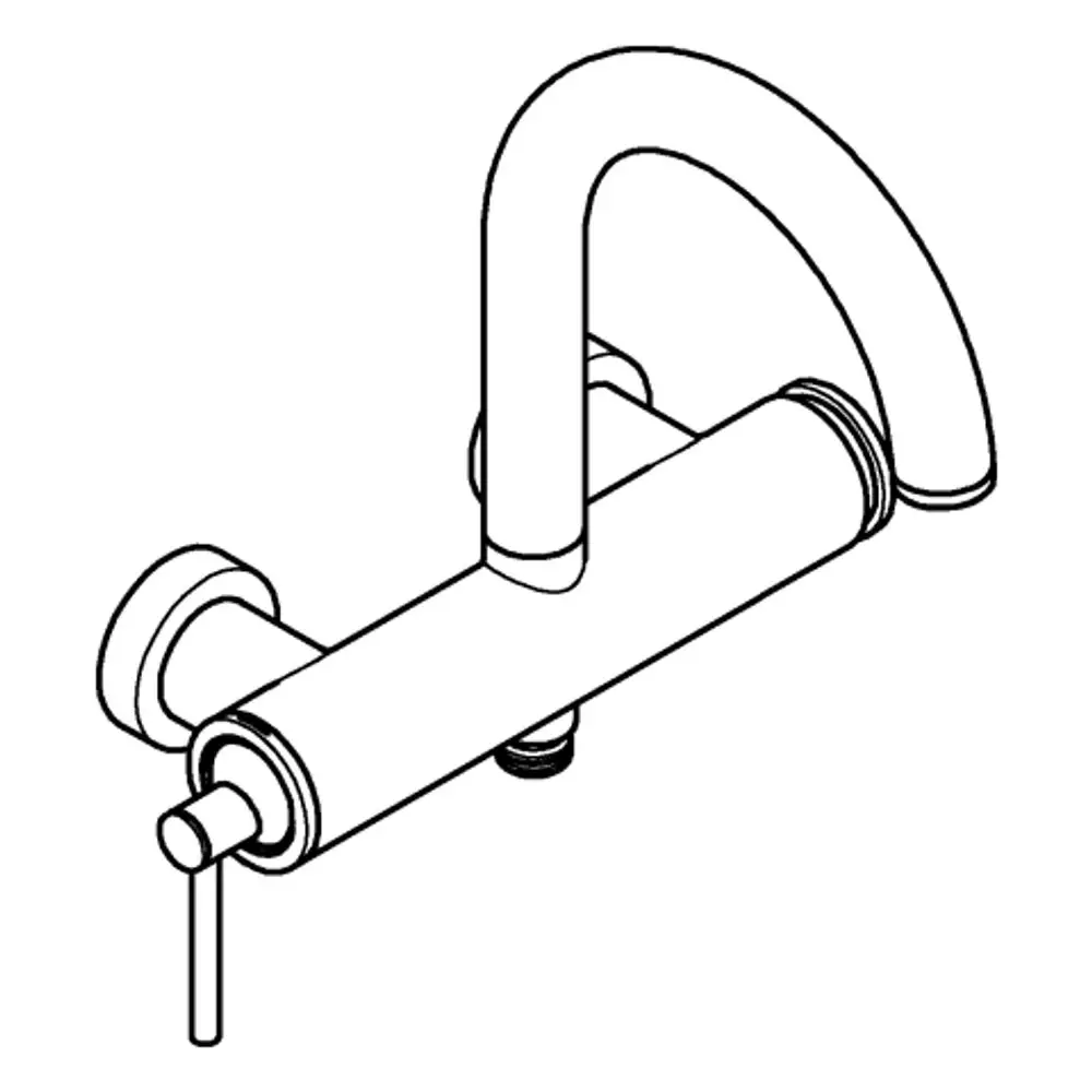 Wandmontierte Einhand-Wannenbatterie von Grohe mit einem gebogenen Auslauf und einem seitlichen Hebel zur Temperatur- und Durchflussregelung.