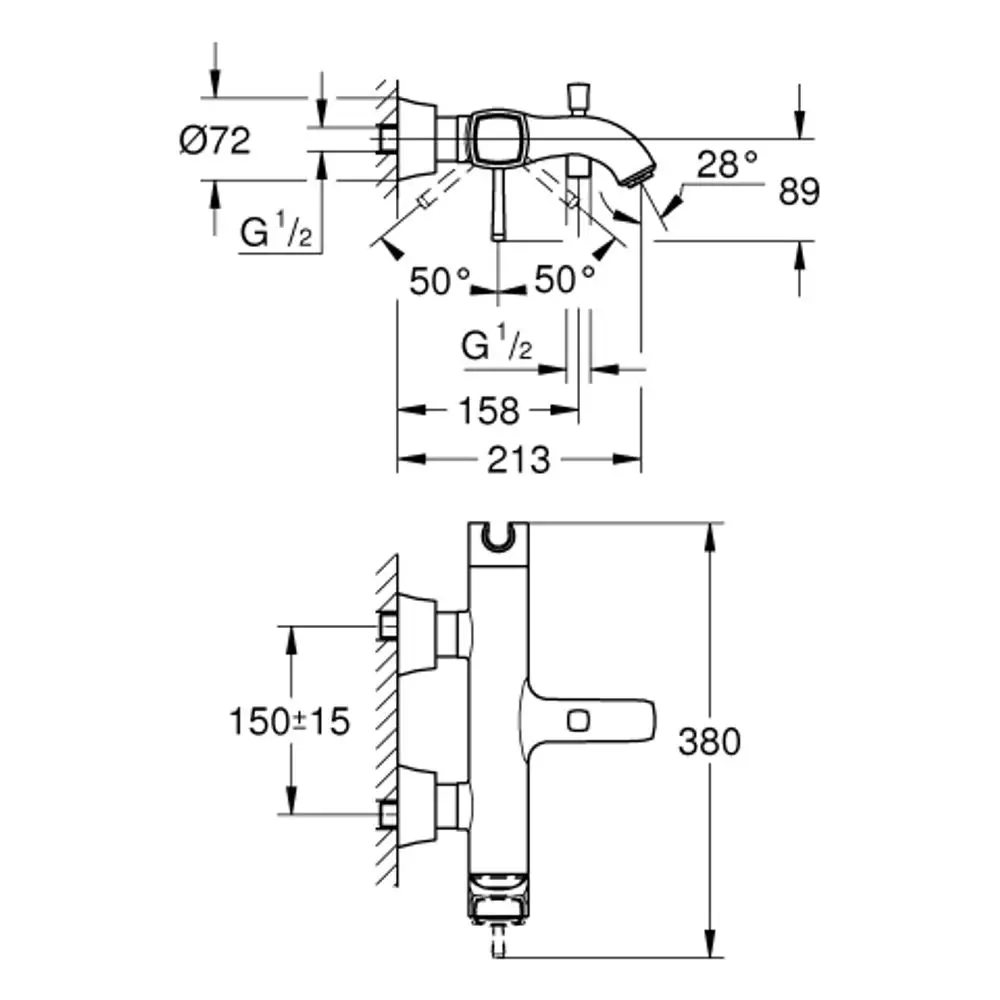 GROHE Einhand-Wannenbatterie mit Wandmontage, grafische Darstellung mit Maße und Anschlussdetails, in chrom. Technische Zeichnung zeigt die Installationselemente und Abmessungen.