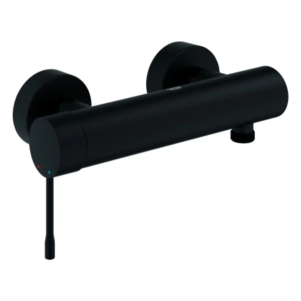 Schwarze Wandmontage-Brausebatterie von Grohe mit einem zylindrischen Design und einem seitlichen Hebel zur Temperaturregelung.