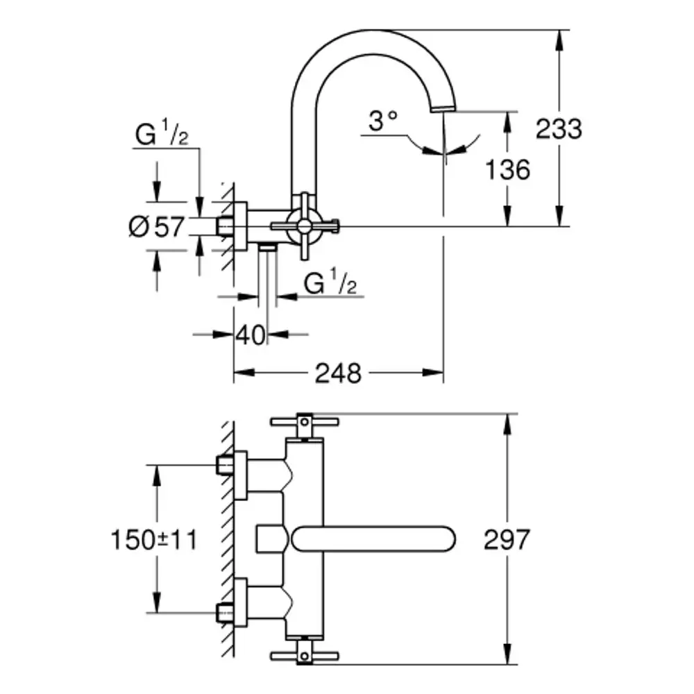 Schematische Darstellung eines Grohe-Wannenbatterie-Armatur mit zwei Griffen zur Wandmontage. Zeichnung zeigt Maße und Details zur Installation.