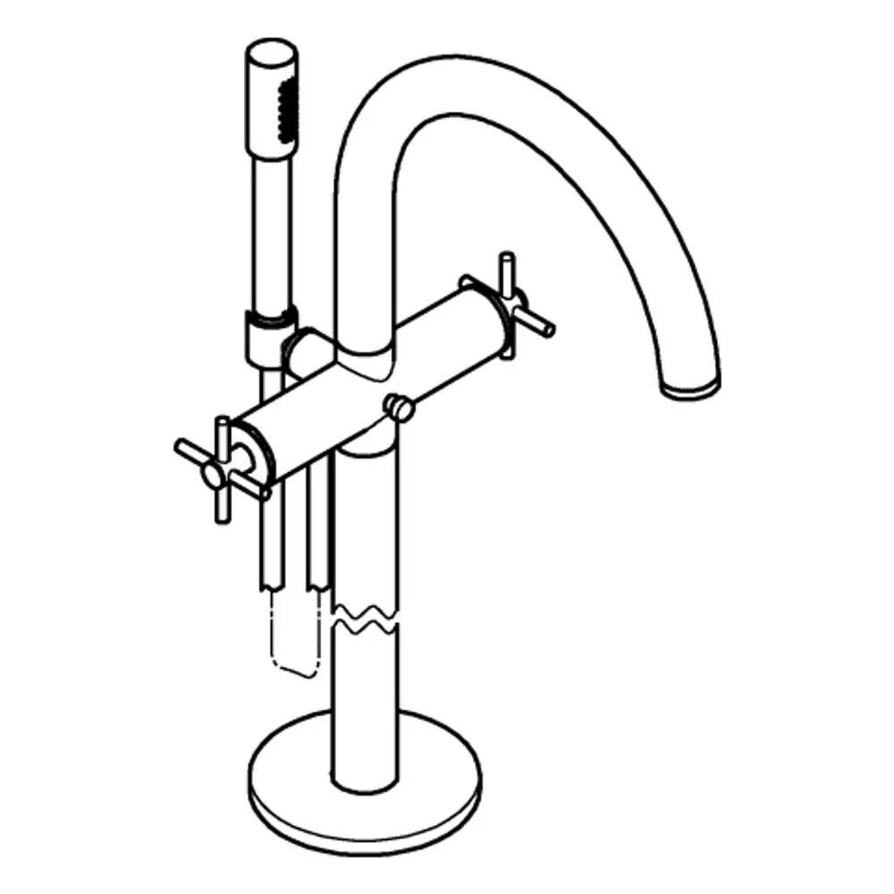 GROHE-Wannenbatterie mit zwei Kreuzgriffen, Bodenmontage, aus verchromtem Material, ausgestattet mit einem langen Auslauf und einem zusätzlichen Bedienelement.
