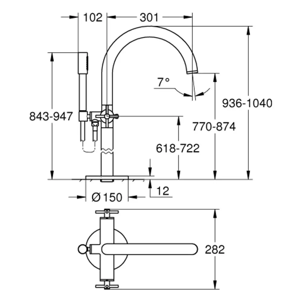 Grohe Wannenbatterie mit zwei Griffen zur Bodenmontage, zeigen einen hochgebogenen Auslauf und einen Kreuzgriff. Technische Dimensionen sind im Diagramm dargestellt.