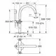 Grohe Wannenbatterie mit zwei Griffen zur Bodenmontage, zeigen einen hochgebogenen Auslauf und einen Kreuzgriff. Technische Dimensionen sind im Diagramm dargestellt.
