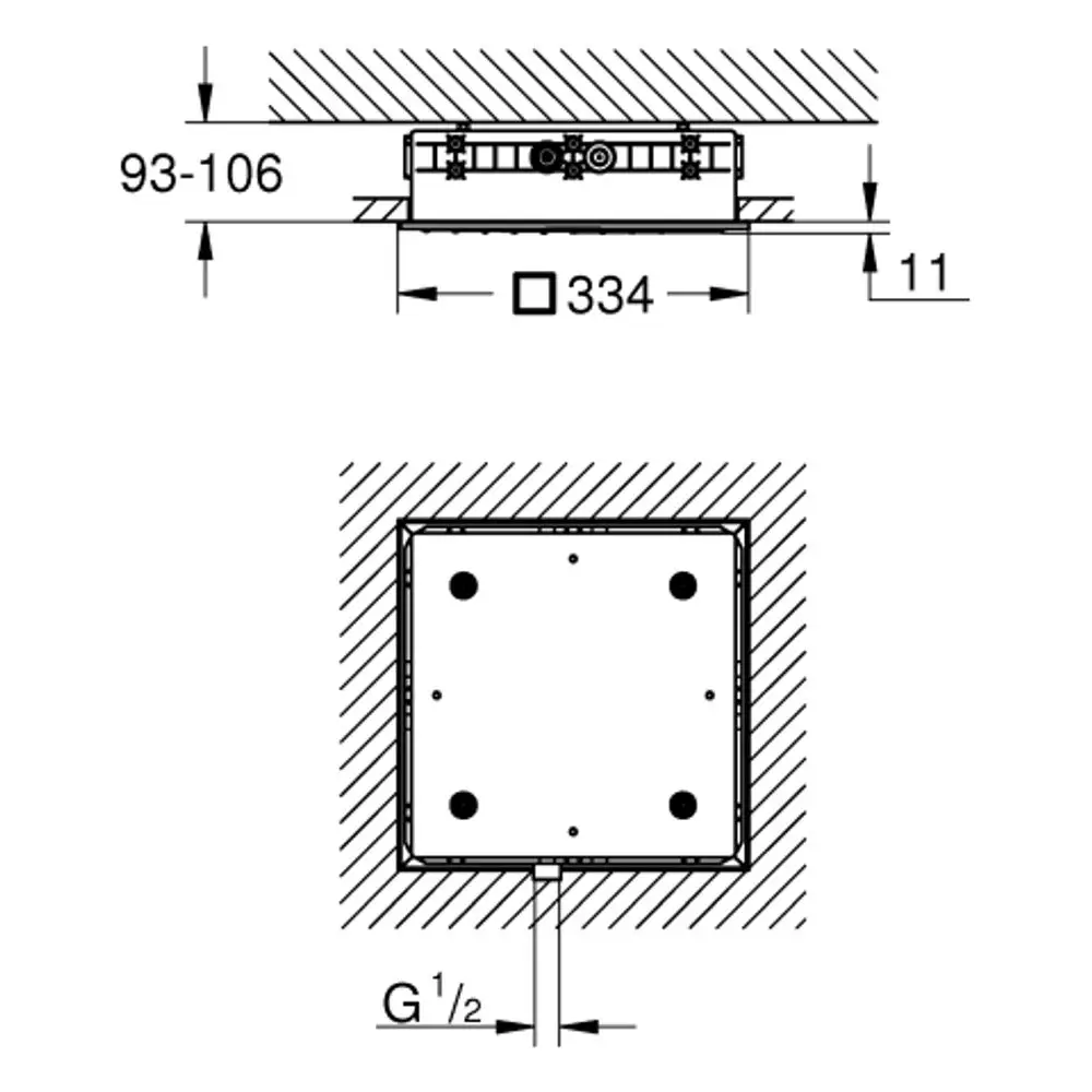 Grohe Deckenbrause mit quadratischem Design, Montageelementen und Anschlussöffnung, dargestellt in einem schematischen technischen Zeichnungsformat.