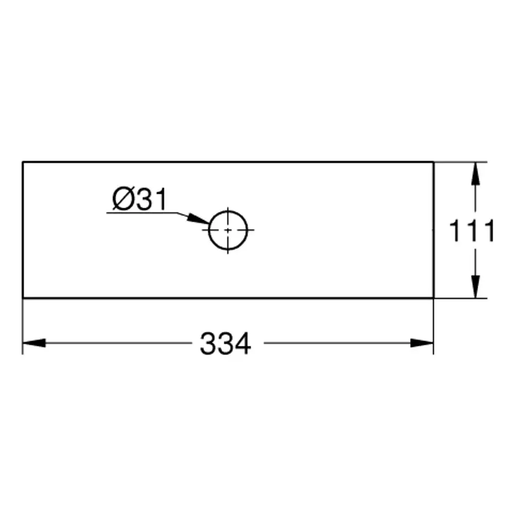 Technische Zeichnung der GROHE Rainshower Aqua Abdeckung (26784000) mit Maßen: 334 mm (Länge), 111 mm (Höhe), Ø31 mm (Lochdurchmesser).