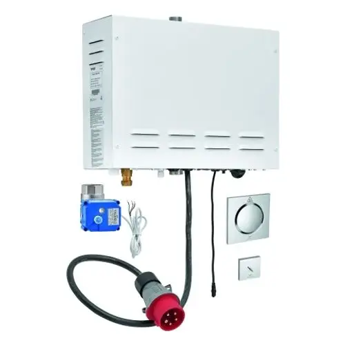 Weißer Dampfgenerator von Grohe mit Anschlusskomponenten, Druckregler, Steuerungselementen und einem flexiblen Verbindungskabel.