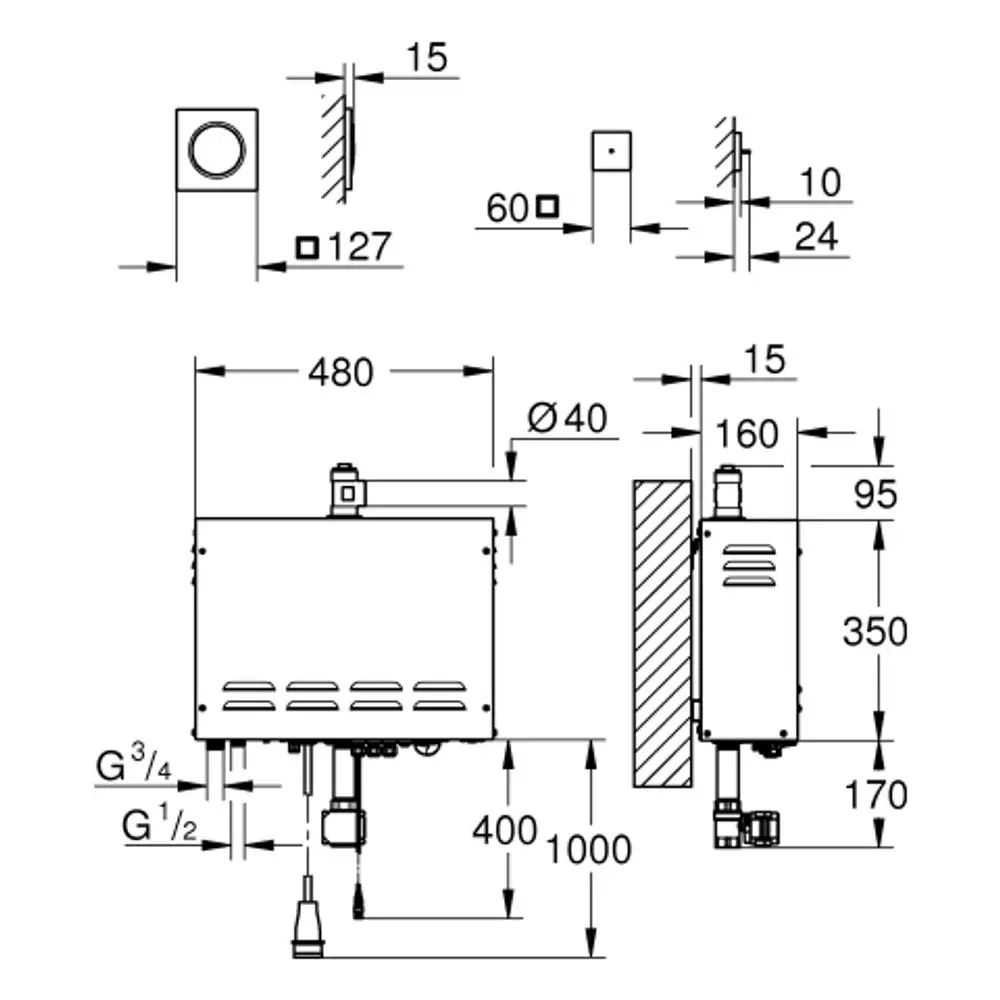 GROHE Dampfgenerator in rechteckiger Form mit anschlussseitigen G1/2 und G3/4 Gewinden. Verschiedene Maße und Montagepositionsoptionen erkennbar.