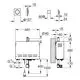 GROHE Dampfgenerator in rechteckiger Form mit anschlussseitigen G1/2 und G3/4 Gewinden. Verschiedene Maße und Montagepositionsoptionen erkennbar.