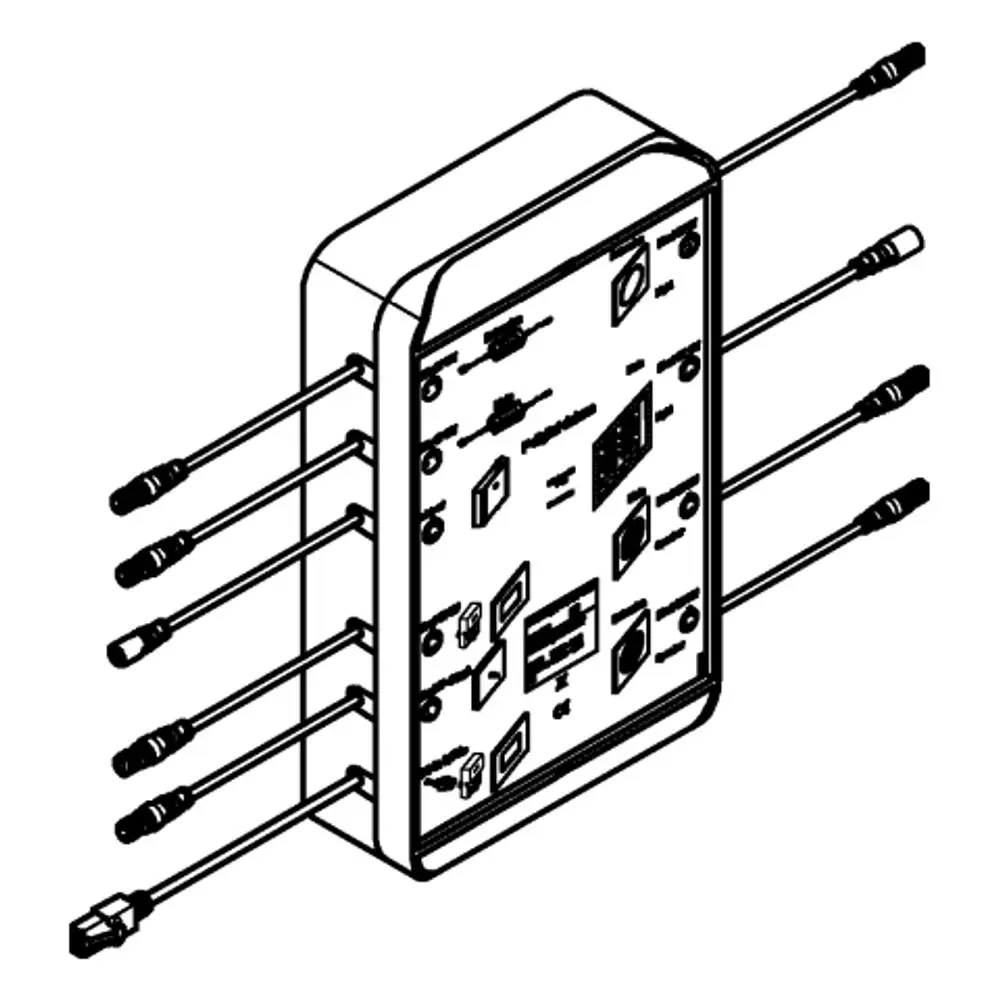 Grohe Steuereinheit mit mehreren Anschlüssen, die für eine Deckenbrause verwendet wird. Sichtbare Anschlüsse und Symbole auf der Oberfläche zur Funktionserklärung.