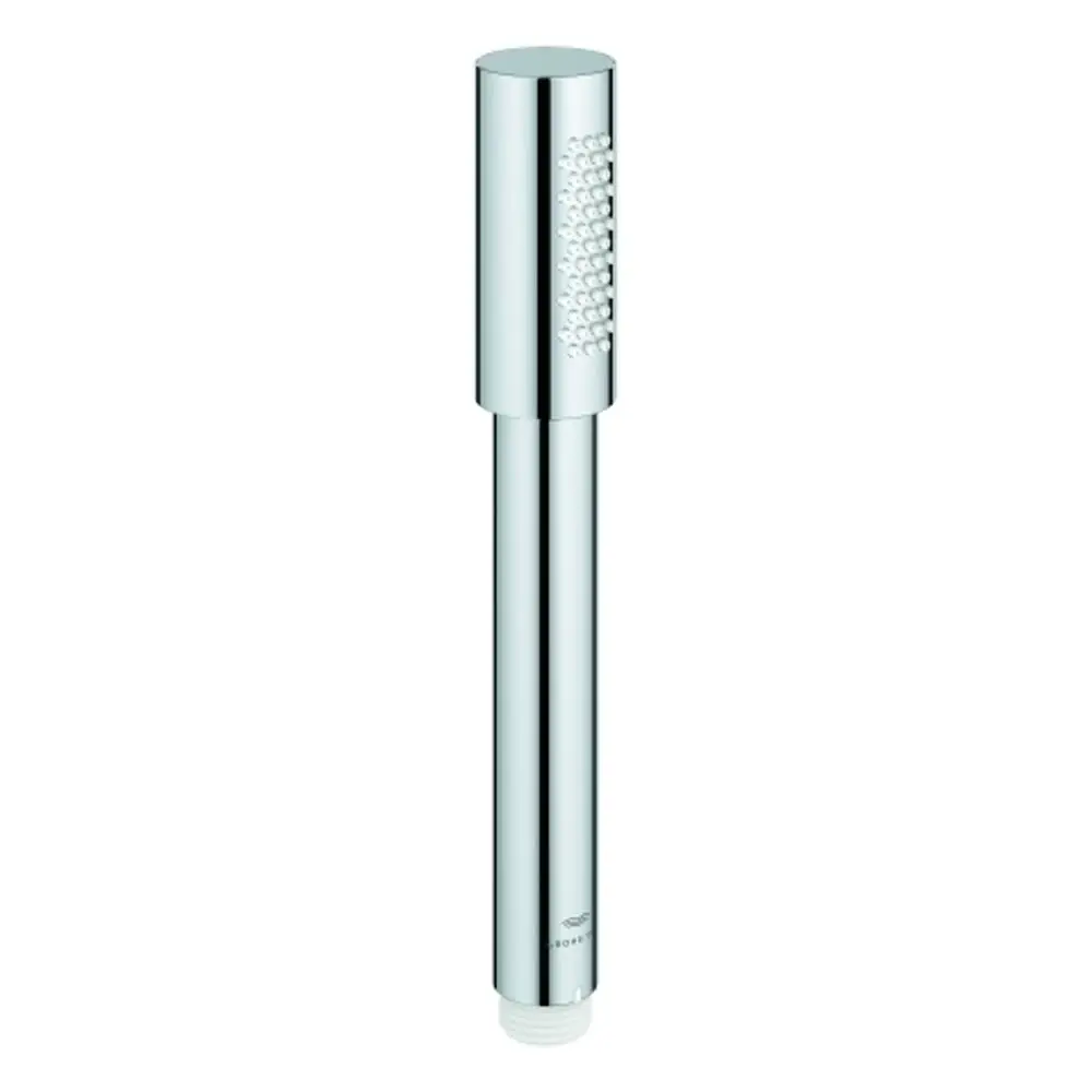 Handbrause in chromfarbener Ausführung von Grohe mit einer Strahlart. Das Produkt hat eine schlanke, runde Form und einen konischen Anschluss.