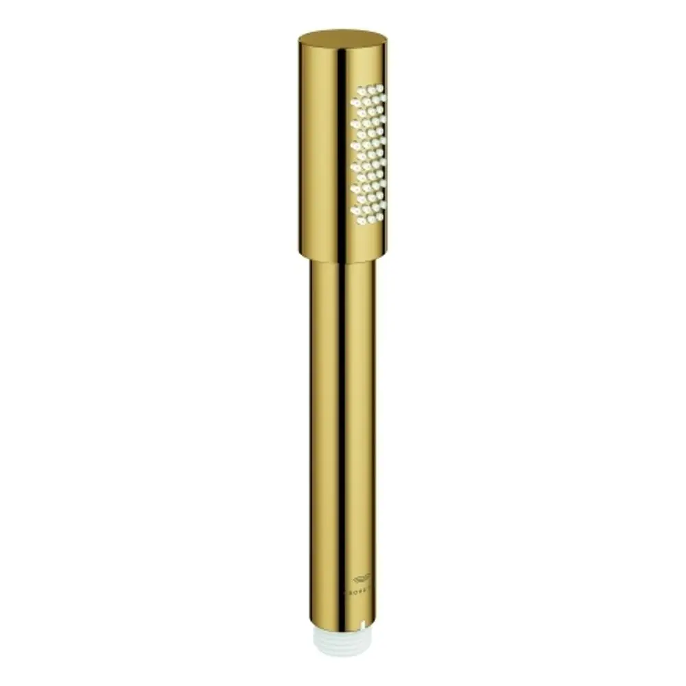 Grohe Handbrause in goldener Farbe mit einem schlanken, zylindrischen Design und einer Oberfläche mit Duschdüsen, die gleichmäßig verteilt sind.