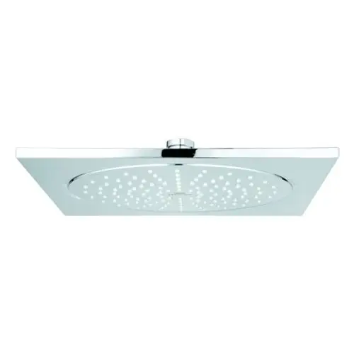 Grohe Kopfbrause mit flacher, quadratischer Oberfläche und runden Wasserlöchern. Die Oberfläche ist in einem glänzenden Chrom-Finish gehalten.