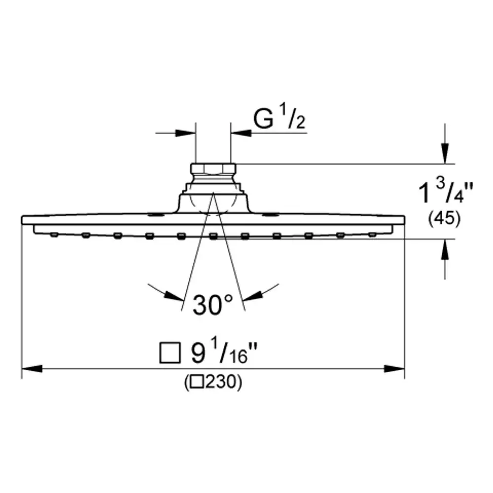 Grohe Kopfbrause mit runder, flacher Form. Montageanschluss oben. Bauhöhe und Durchmesser nicht sichtbar. Dusche mit gleichmäßiger Wasserverteilung.