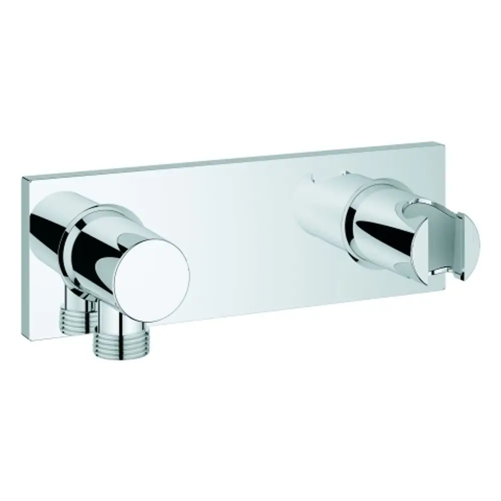 Wandanschlussbogen aus verchromtem Material mit zwei Steuergriffen, montiert auf einer flachen, rechteckigen Platte. Design von Grohe für die Installation im Badezimmer.