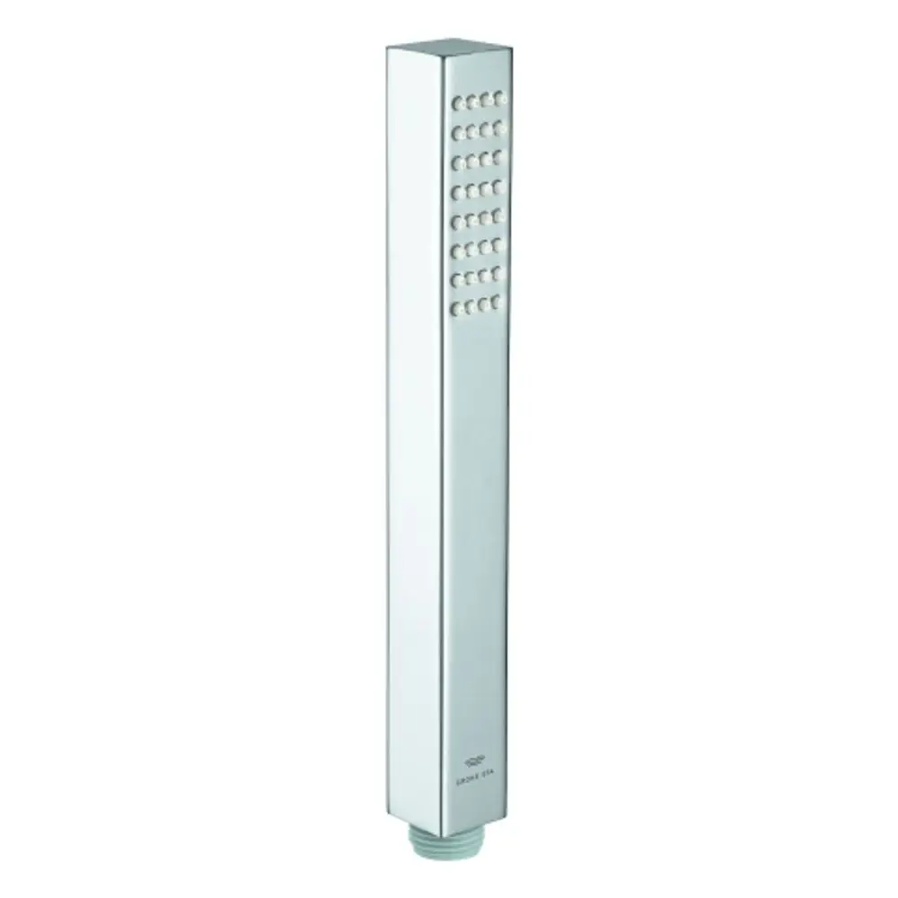 Handbrause in schlanker, rechteckiger Form aus Metall mit verchromter Oberfläche. Die Düse hat mehrere Wasserstrahlöffnungen. Von der Marke Grohe.