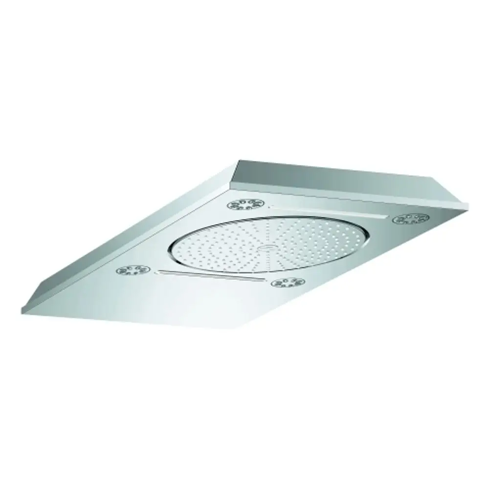 Grohe Kopfbrause mit flachem, rechteckigem Design und einem zentralen Wasserstrahlbereich, ausgestattet mit mehreren Strahlarten. Oberfläche in verchromter Ausführung.