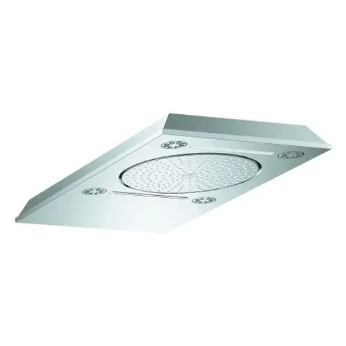 Eckige, glänzende Duschkopfplatte mit zentralem Regenwasserdüsenbereich und seitlichen Wasserstrahldüsen. Modernes Design aus Metall.