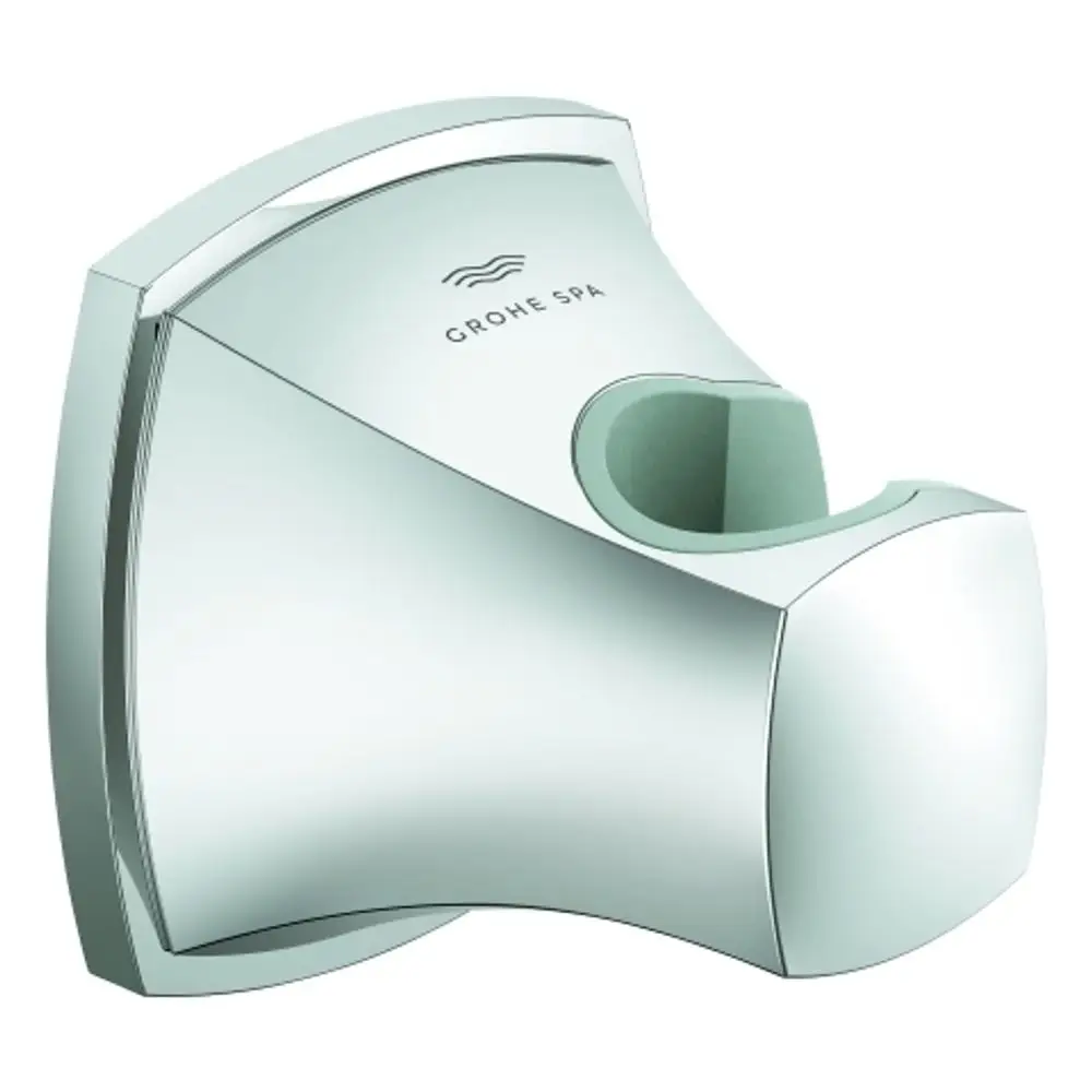 Wandhalter aus Chrom von Grohe mit einer Haltevorrichtung, die eine Brause sicher fixiert. Glatte, moderne Formgebung.