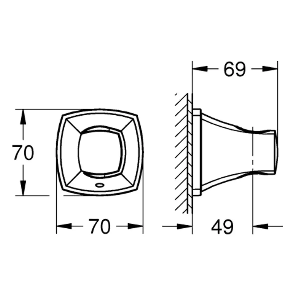 Wandbrausehalter von Grohe, quadratisches Design mit abgerundeten Ecken, seitliche Montageansicht zeigt eine konische Halterung und einen Ausschnitt für die Wandinstallation.