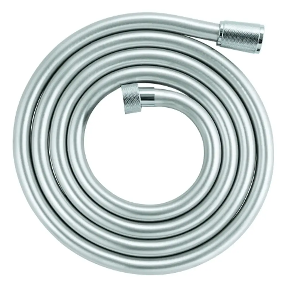 Grohe Brauseschlauch, spiralförmig gewunden, in silberner Farbe. Enden mit Gewindeanschlüssen für die Installation an Duschsystemen.