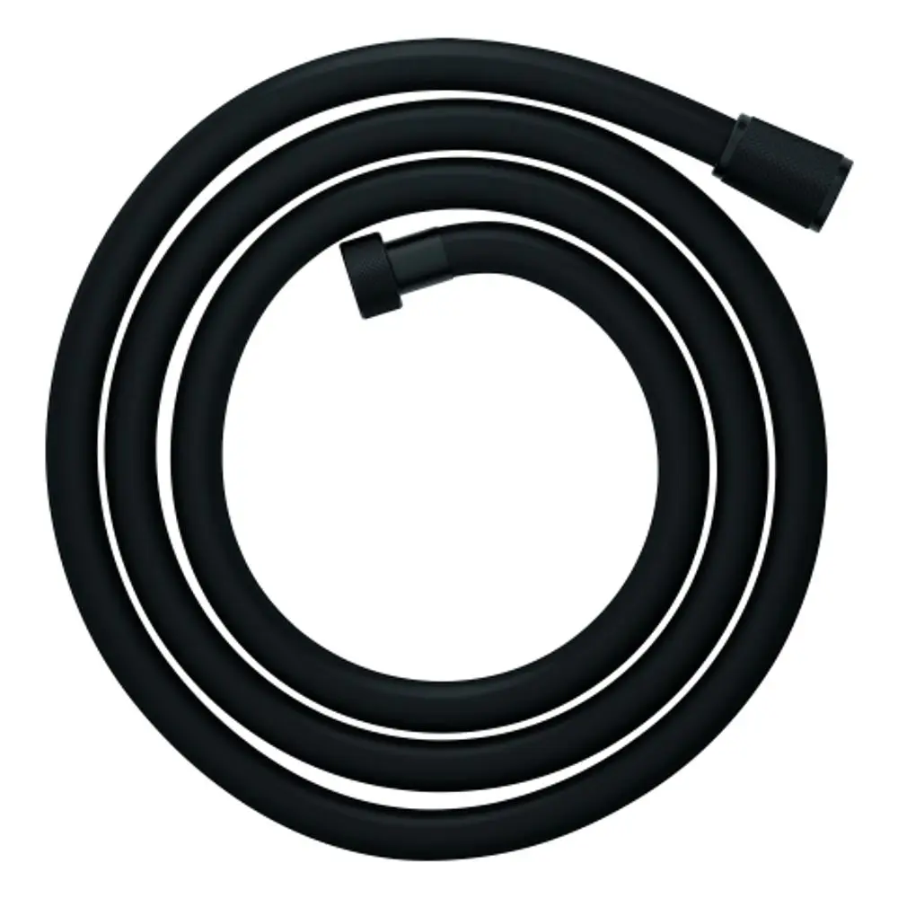 Schwarzer Brauseschlauch von Grohe, spiralig gewunden, mit zwei Anschlüssen an den Enden. Ideal für die Verbindung von Duschkopf und Wasserquelle.