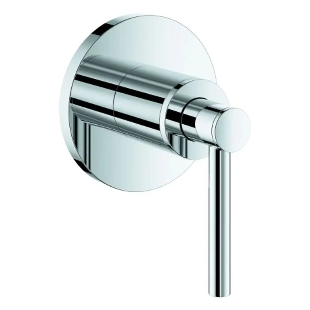 Chromfarbener Hebelgriff von Grohe mit einem runden, flachen Bedienfeld, montiert auf einer glatten Wandplatte. Ideal für die Regulierung von Wasserflüssen.