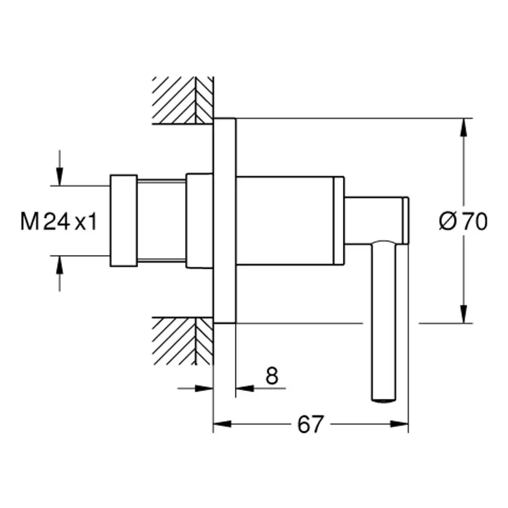 GROHE Oberteil für Ventil mit Hebelgriff, aus Chrom, montierbar, mit einem Anschluss für M24 x 1. Maße und Details sind im technischen Zeichnungsstil dargestellt.