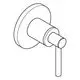 Grohe Produkt, bestehend aus einem runden Wandbefestigungsplateau und einem anschließenden vertikalen Hebelgriff zur Betätigung. Design ist minimalistisch und funktional.
