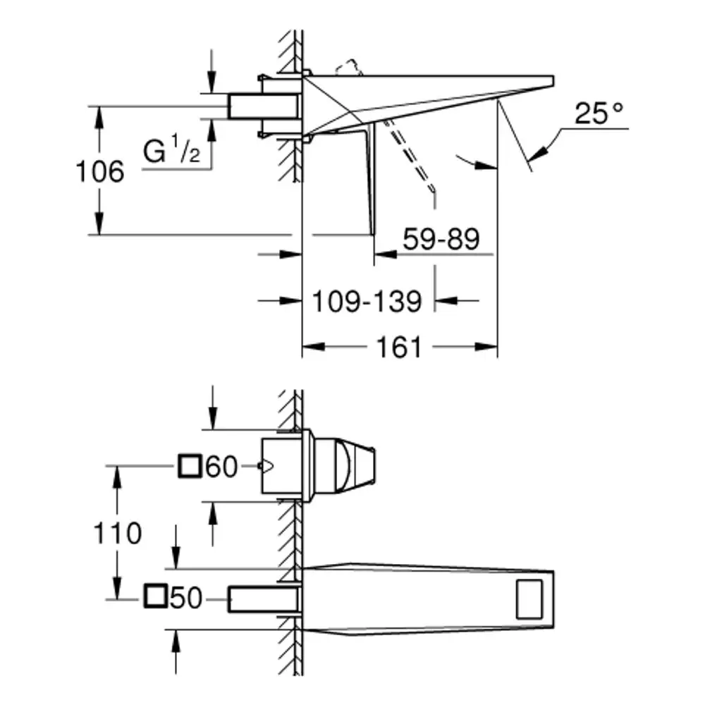 Wandbatterie von Grohe mit drehbarem Auslauf und verschiedenen Maßoptionen, montiert an einer Wand, mit einem Auslauf von 161 mm.