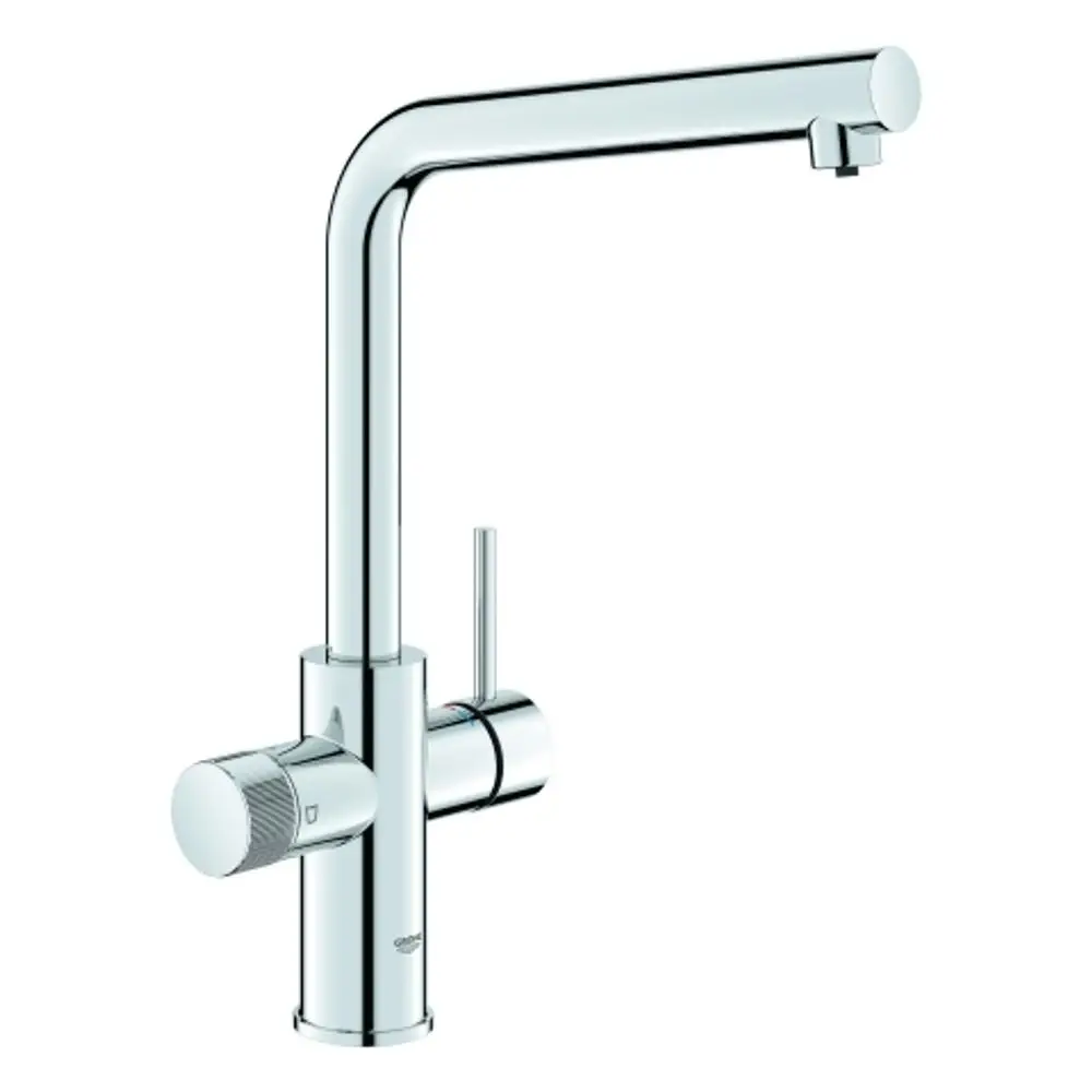 GROHE Wasserhahn mit einem hohen Auslauf und einer Steuerung für Warm- und Kaltwasser. Das Produkt zeigt eine chromfarbene Oberfläche und ein modernes Design.